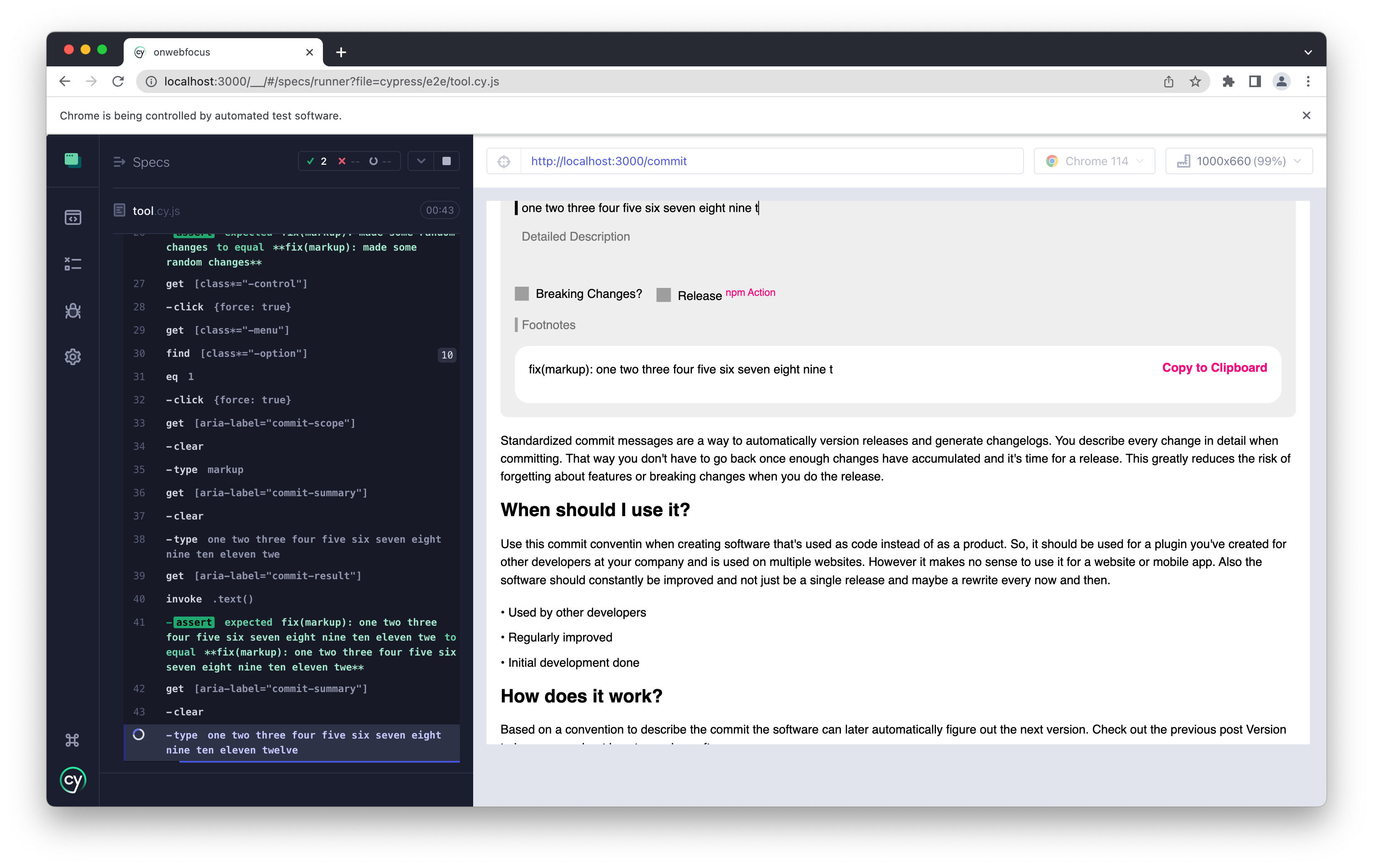 Cypress testing the commit tool