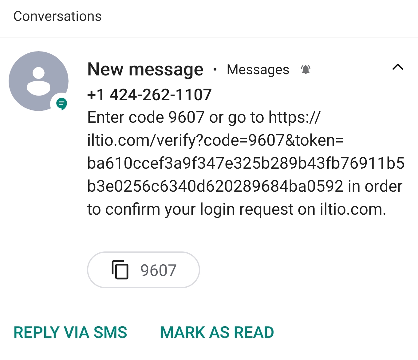 Verification message received through text